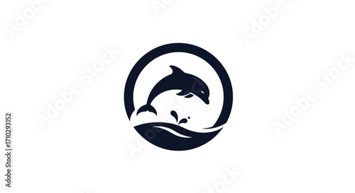Stylized dolphin leaping from waves in a circular graphic emblem.