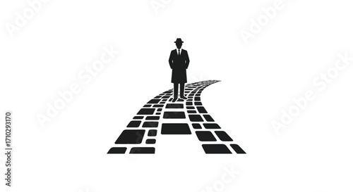 Silhouette of a man standing on a brick road, looking forward, journey ahead.