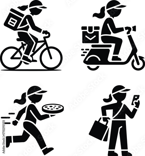 Delivery Girl Worker Silhouette Icon Set – 4 Black & White Vectors of Bicycle, Scooter, Running & Mobile Couriers