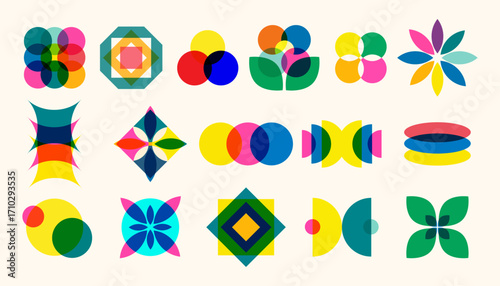 Geometric Shapes in Risograph Style Icon Set. Abstract geometric shapes and floral icons with overlapping transparent areas in vibrant Risograph retro style. Vector illustration