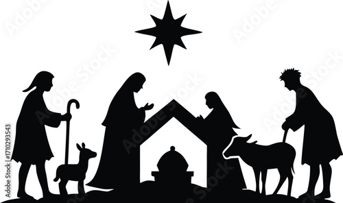 Nativity scene silhouette vector illustration Jesus in manger, shepherd and wise men
