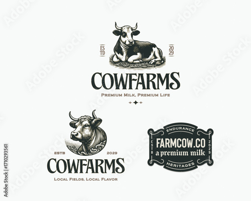 Vintage classic old dairy cow farm livestock logo template