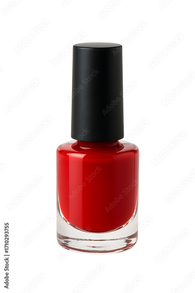 Obraz premium Bright red nail polish in a clear glass bottle with a black cap