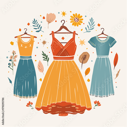 Autumn Fashion Dresses: Teal Orange Blue Midi Dresses with Floral Details