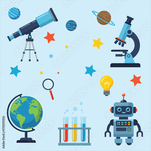 Flat Vector Science Tools for Kids – Telescope, Microscope, Globe, Robot, Test Tubes, Planets, Light Bulb, Magnifying Glass
