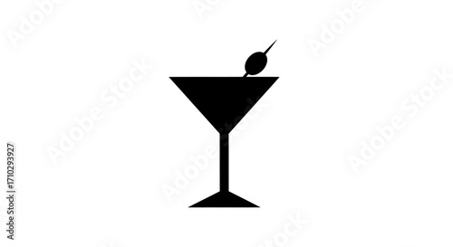 Elegant martini glass with olive, cocktail drink, bar drink, alcoholic beverage, sophisticated drink, classy drink.