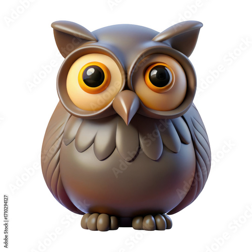 Cartoon owl with big eyes and brown feathers isolated on transparent background