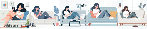 vector of a woman sitting relaxed on the sofa playing with gadgets