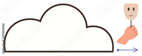 Cloud outline next to a hand holding a smiling mask, conveying digital identity, deception, and masking. Ideal for cybersecurity, privacy, online identity, encryption, cloud computing anonymity