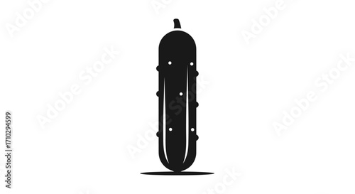 Close up of a single pickle, black and white silhouette, vertical image, simple design, food item.