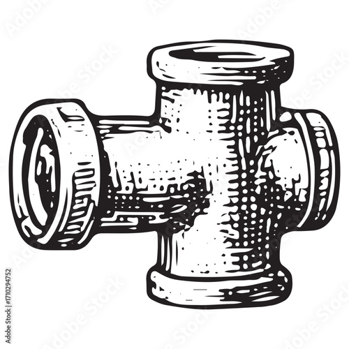 Vintage T-Joint Pipe Illustration for Plumbing Junction Design