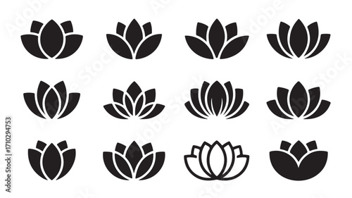 Collection of twelve black lotus flower designs arranged on a white background in a grid pattern