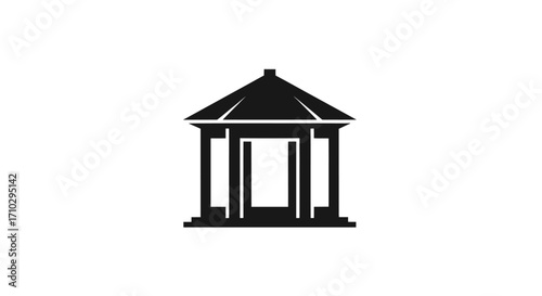 Simple black silhouette of a classic gazebo structure with a pointed roof and columns.