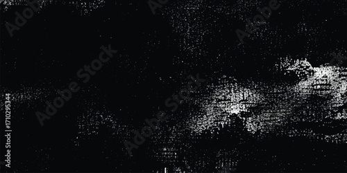 Abstract digital glitch texture with black background and distorted white noise patterns for modern tech design concepts.