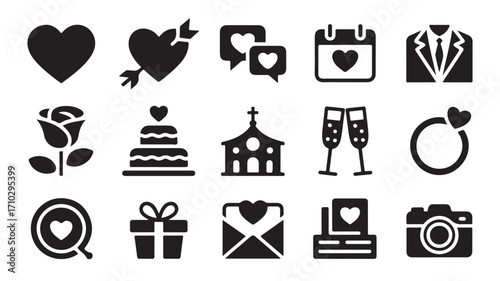 Collection of wedding related icons including heart ring cake champagne and other celebration items