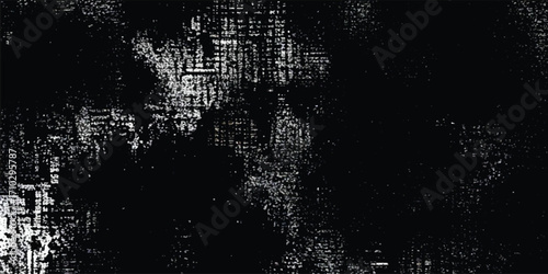 Abstract digital glitch texture with black background and distorted white noise patterns for modern tech design concepts.