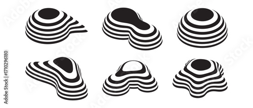 Set of abstract 3d striped shapes with optical illusion effect. Black and white organic forms with 3d effect. Modern retro graphic design elements.