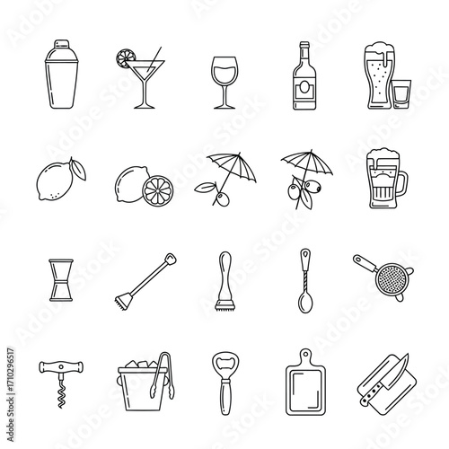A collection of line art icons depicting various bar tools, cocktail ingredients, and alcoholic beverages such as shakers, glasses, lemons, limes, beer, wine, and spirits.