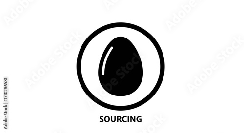 Black egg icon in a circle with the word SOURCING below it, representing a concept of origin or procurement.