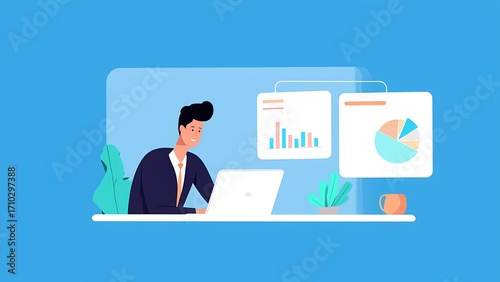 Business professional working on laptop with data visualization office setting digital illustration bright environment engaging view