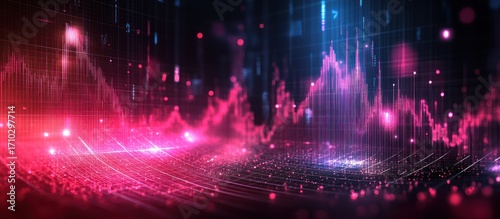 Abstract financial data visualization with glowing lines and graphs.