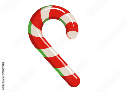 Festive Candy Cane Illustration with Red White and Green Stripes on White