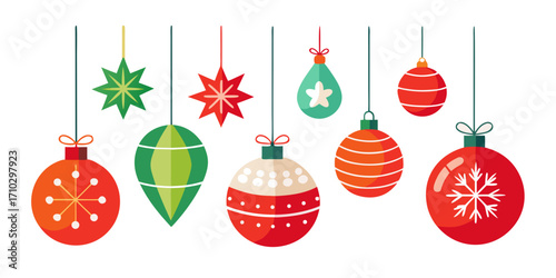 Collection of Hanging Christmas Ornaments and Stars in Festive Colors on White
