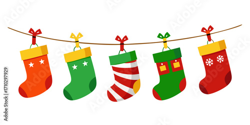 Festive Christmas Stockings Hanging on a String Holiday Decoration Illustration