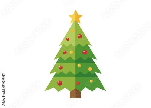 Stylized Christmas Tree with Star and Ornaments on White Background