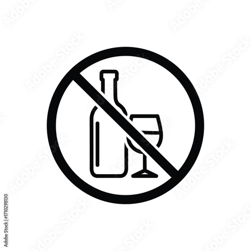 A black and white prohibition sign icon indicating no alcohol is allowed, featuring a bottle and a glass.
