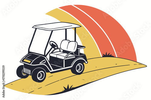 Golf cart driving on a grassy hill with retro sunset background