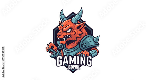 Angry red demon mascot with horns and armor representing gaming.