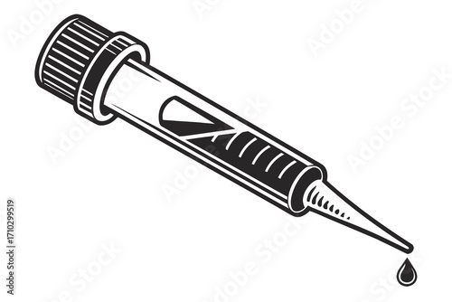 Black and white illustration of a pipette with a drop of liquid falling