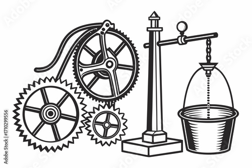 Vintage mechanical gears and bucket illustration
