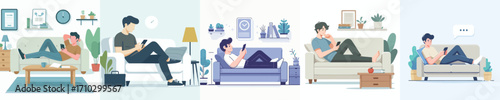 vector of a man sitting relaxed on a sofa wearing headphones