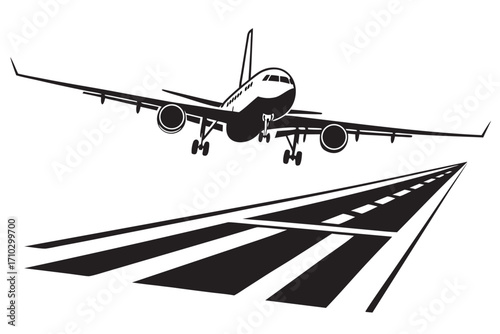 Commercial airplane landing on a runway with landing gear down