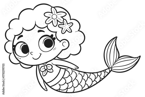 Cute cartoon mermaid with flowers in hair and fish tail
