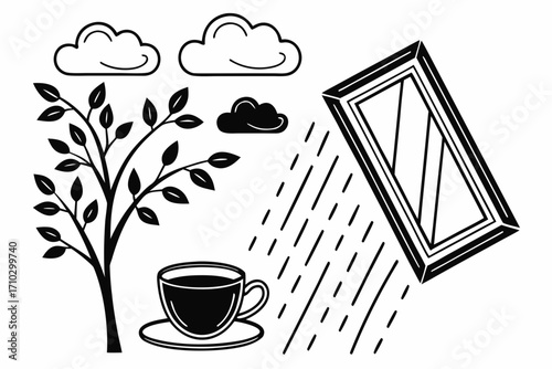 Cozy rainy day with coffee and a tree outside the window