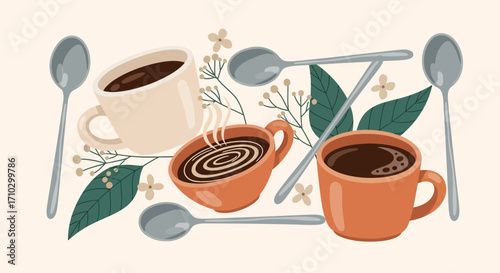 Artistic composition of coffee mugs spoons and botanical elements.