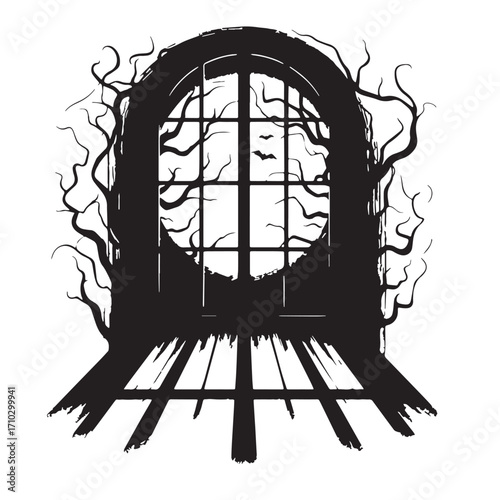 Black Spooky Window Shadow Silhouette Vector Illustration design, Solid White Background