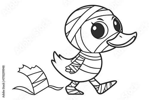 Cute cartoon duckling dressed as a mummy for halloween
