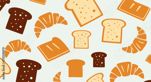 Assorted Bread and Pastries Pattern - Croissants, Toast, and Sliced Bread.
