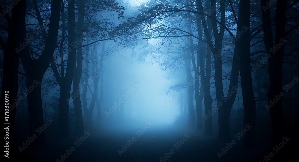 Fototapeta premium Mysterious Foggy Forest Path at Night.