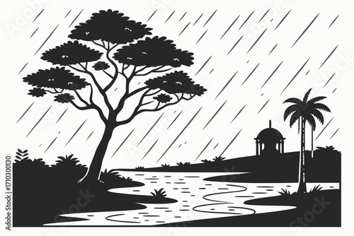 Silhouette of a lush landscape with a river and a dome building during a rain shower