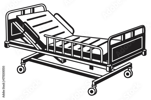 Adjustable hospital bed with wheels and rails