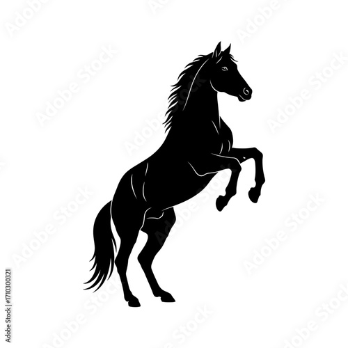 Black silhouette of a majestic horse rearing on its hind legs, showcasing power and grace against a white background.