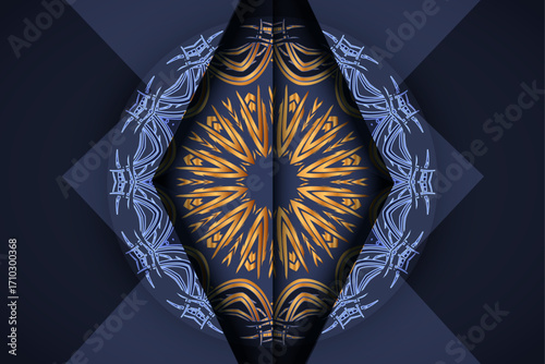 Symmetrical mandala artwork with dual tone blue background and golden white intricate patterns