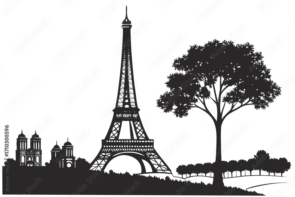 Obraz premium Parisian skyline silhouette with eiffel tower and trees