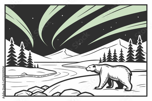 Polar bear walks in a snowy landscape under the aurora borealis