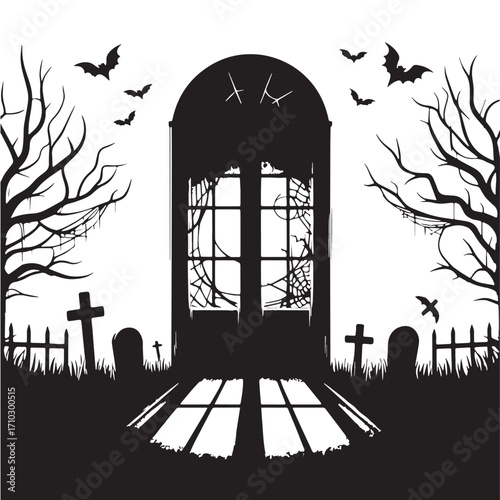 Black Spooky Window Shadow Silhouette Vector Illustration design, Solid White Background